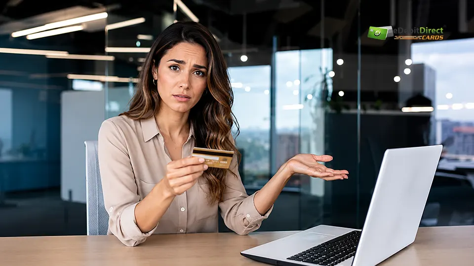 Concerned business owner holding a payment card beside a laptop while reviewing whether her payment processor is a good fit.