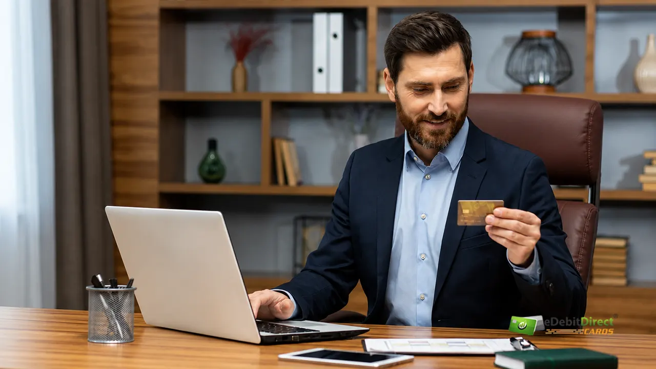 Business owner using a credit card while comparing a Stripe alternative payment processor on laptop